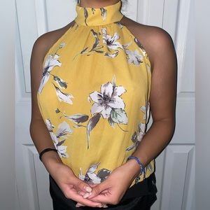 Mustard Yellow Sleeveless Blouse w/ Floral Patterns